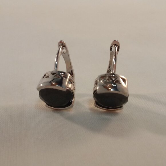 18K White Gold Filled Simple Black Onyx Diamond Zircon Hoop Earrings Party Gift - Picture 2 of 6